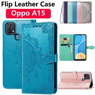 เคสโทรศัพท์มือถือ ฝาพับ เคสหนัง มีช่องใส่บัตร พร้อมสายคล้อง สําหรับ Oppo A15 A15S