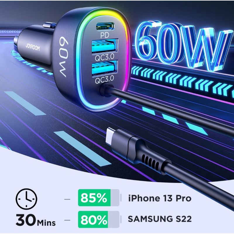 Joyroom JR-CL19  4in1 Car Charger 60W หัวชาร์จสำหรับรถยนต์พร้อมสายในตัว