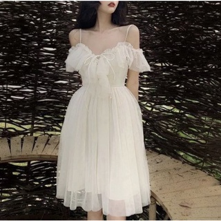 Mesh Ruffle Slash Neck Off Shoulder Dresses Lace Up Women Summer Vestidos Mujer Korean Fashion White Dress Strap Tide