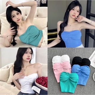 Ey_shop688พร้อมส่ง✨ 0055/XH.GE#เสื้อผ้าทอเกาะอกแต่งจีบหน้าผ้าทอมีฟองน้ำ #เสื้อแฟชั่นเว้าอกยางยืดด้านหลัง💙