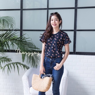 TP154-เสื้อยืดแขนสั้นลายชบาจุด(**ไซส์ใหญ่ขึ้น**)