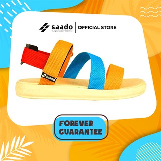 SAADO รองเท้าแตะรัดส้น รุ่น SE02 พื้นชมพู สายรัดเท้า สามสี ส้มแดงเขียว น้ำหนักเบา กันน้ำ