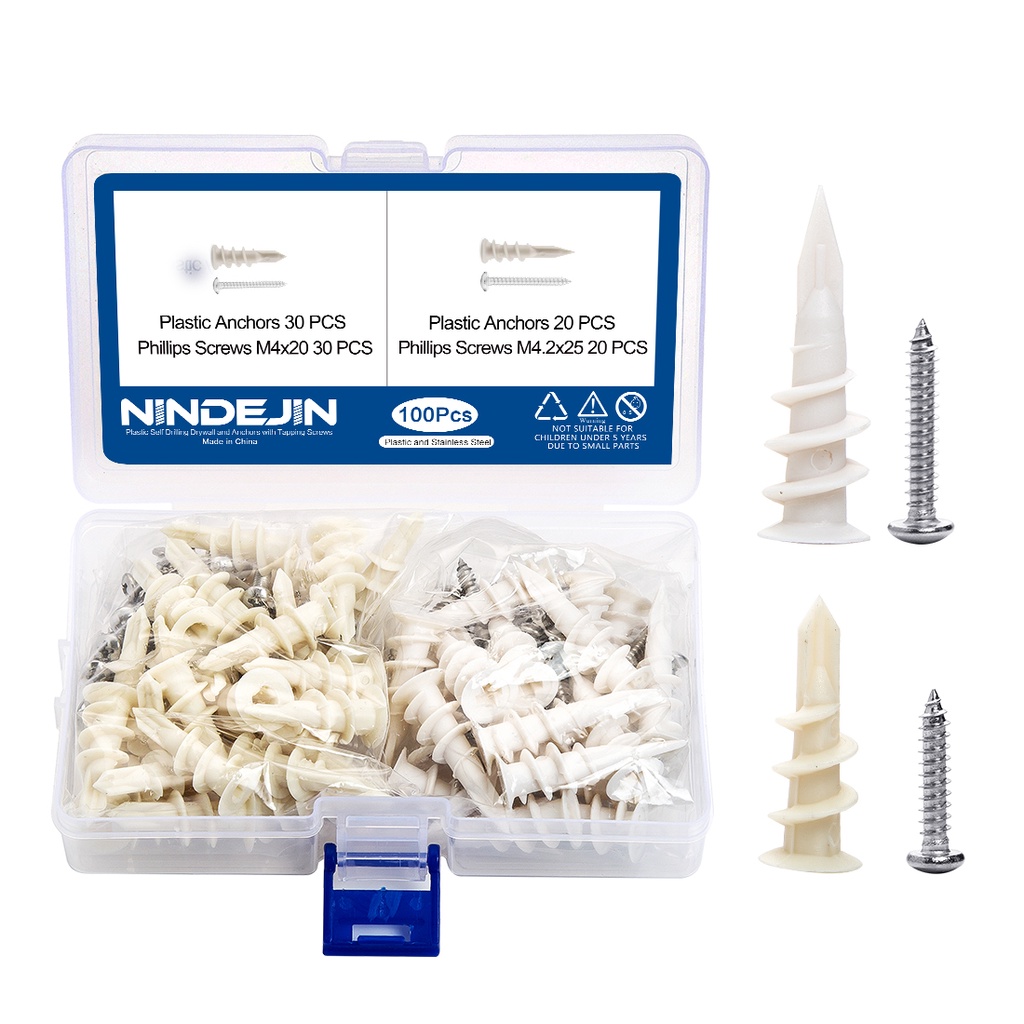 NINDEJIN 100 ชิ้นพลาสติกขยายหลอด Self-Drilling Drywall Anchors สกรู Plasterboard ไนลอน Anchors บ้านผ