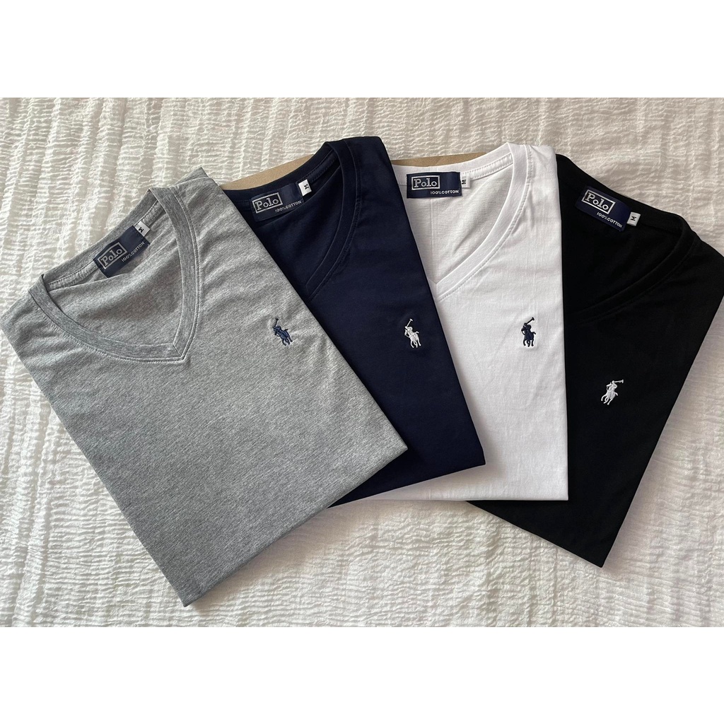 เสื้อยืดคอวี แขนสั้น ปักโปโลม้าเล็ก  เนื้อผ้า COTTON 100% บางเบาใส่สบายตัว