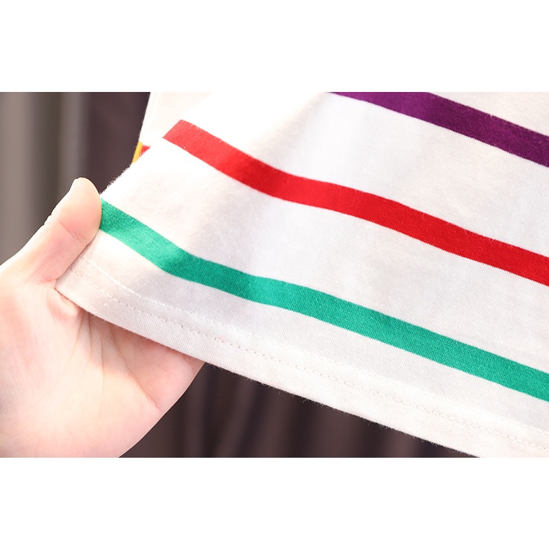 เสื้อยืดลายทางสีรุ้งแขนสั้น ชุดเอี๊ยมกระเป๋ามอนสเตอร์น้อย ชุดระบายอากาศฤดูร้อนสำหรับเด็ก - รูปที่ 4