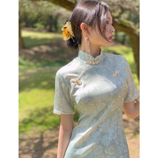  🌸แขนสั้นปรับปรุง cheongsam ผู้หญิงฤดูร้อนย้อนยุคสไตล์จีน 2020 ใหม่กลางความยาวสีทึบยืนขึ้นคอ