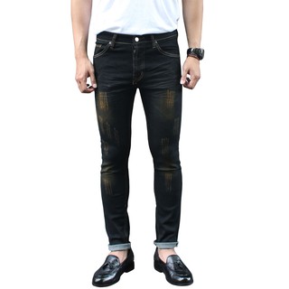 Golden Zebra Jeans กางเกงยีนส์ผ้ายืดขาเดฟขีดขาดสีสนิมดำ