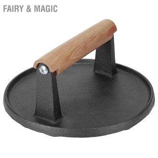 Fairy &amp; Magic Round BBQ Tool Cast Iron Wooden Handle Steak Press Grill Roast Fried Meat Pressure