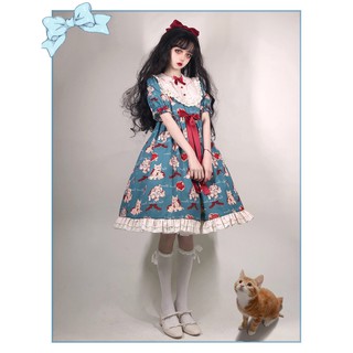 🎀ชุดโลลิต้า🎀กระโปรง Lolita OP ชุดเดรสแขนสั้น Retro Lolita น่ารักโลลิต้าชุด กระโปรงโลลิต้าสีเทาเขียว