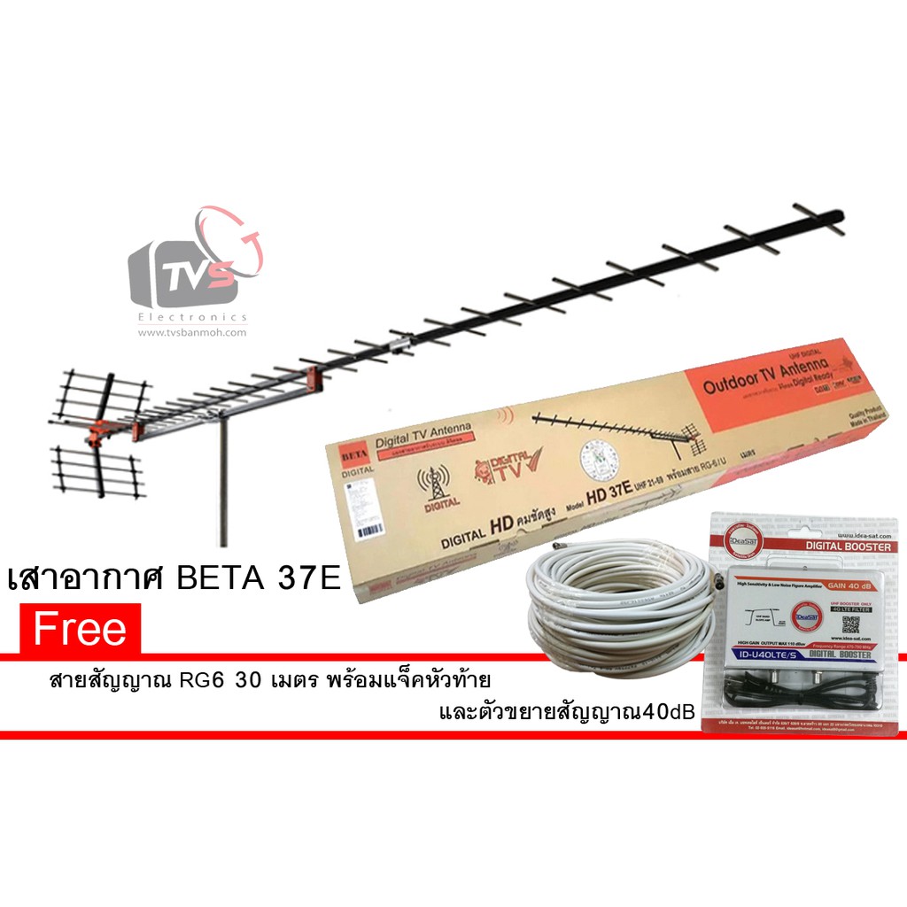 แผงเสาอากาศ DIGITAL TV BETA รุ่น HD-37Eแถม สาย RG6 30เมตร พร้อมแจ็คหัวและท้าย และ ตัวขยายสัญญาณ Idea