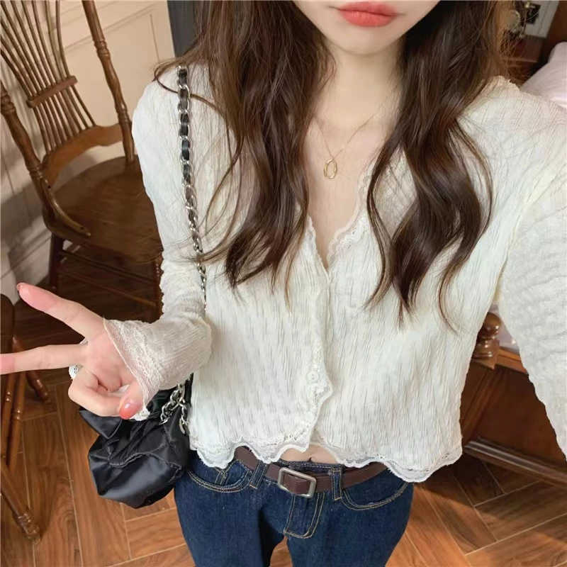 เสื้อแขนยาวไหมพรม คอวีกระดุมหน้า แต่งชายระบาย รุ่น 8X43/D59/122 thumbnail 6