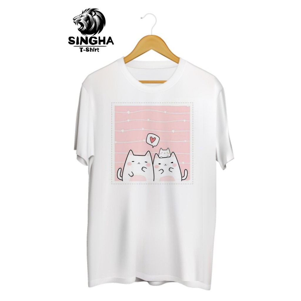 SINGHA T-Shirt Valentine's💕 เสื้อยืดสกรีนลาย คู่แมวกรอบชมพู