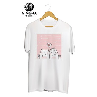 SINGHA T-Shirt Valentines💕 เสื้อยืดสกรีนลาย คู่แมวกรอบชมพู