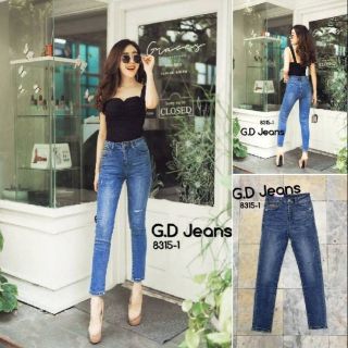 G.D.Jeans รุ่น 8315#กางเกงยีนส์ขายาวผ้ายืดฮ่องกงสีเข้มเล่นขาดติดป้ายหนังข้างกระเป๋าแบบดูเก๋ๆ 💦💦