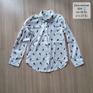 เสื้อเชิ้ต Zara ลายนกแต่งคอเสื้อประดับเพชร