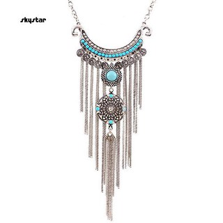 SKYSTAR_Women Bohemian Turquoise Long Tassels Pendant Necklace Alloy Choker Chain