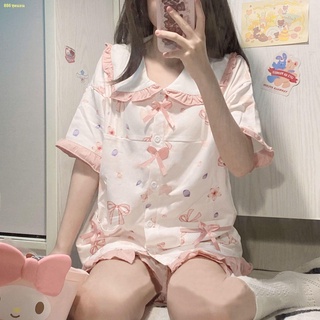 🍁จัดส่งทันที🍁Pink Bow Pajamas Women s 2022 New Short Sleeves Shorts Cute Homewear Set