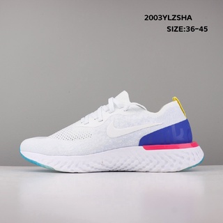 ✆☈◎[ข้อเสนอพิเศษ]  Nike Epic React Flyknit รองเท้าวิ่งระบายอากาศ รองเท้ากีฬา (ขาว / น้ำเงิน)