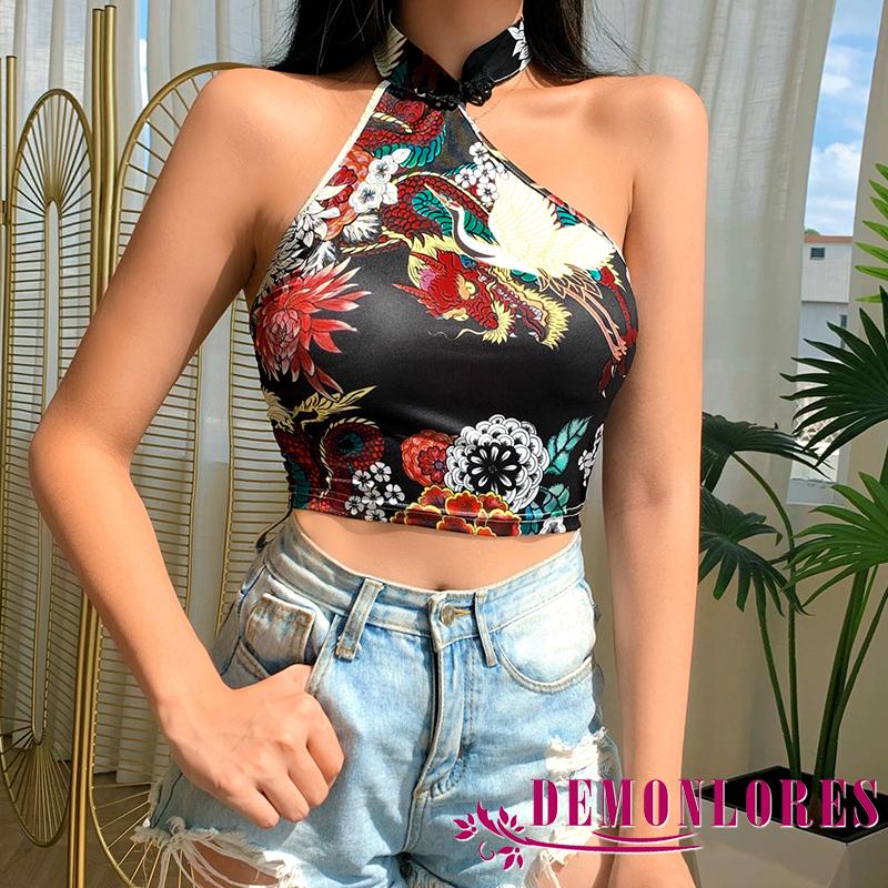 Demonlores-ผู้หญิงฤดูร้อน Halter กบปุ่มดอกไม้มังกรพิมพ์ Slim Fit Backless Crop Tops ตรุษจีน