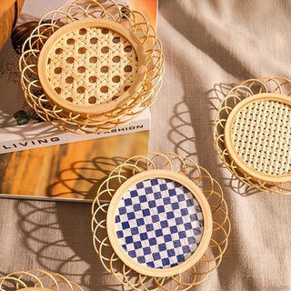 Natural Bamboo Hollow Tea Cup Coasters Rattan Woven Cup Holder Dessert Plate Placemats For Home Cafe