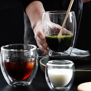 แก้วกาแฟ แก้วสองชั้น สำหรับใส่เครื่องดื่ม ทรงไข่ ทนความร้อน ถ้วยแก้วเครื่องดื่ม น้ำผลไม้ ค็อกเทล จับไม่ร้อน สไตล์ญี่ปุ่น