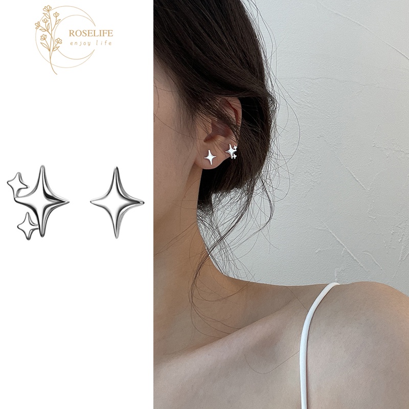Roselife ต่างหูสตั๊ด รูปดาว ไม่สม่ําเสมอ สีเงิน เครื่องประดับแฟชั่นเกาหลี สําหรับผู้หญิง 1 คู่