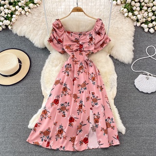 Women Retro Chic Square Neck Puff Sleeve Floral Dress Korean Midi Split Beach Dresses