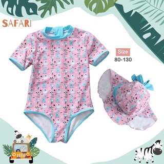 บอดี้สูทว่ายน้ำเด็กกันยูวีเด็ก แขนสั้นขาเว้า สีชมพู zebra รุ่นซิปหน้า พร้อมหมวกคลุม