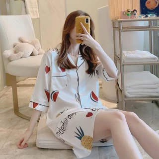 รุ่น-508 ชุดนอนกระโปรงผ้าซาติน แขนสั้นผ้าไหมน้ำแข็งกลางความยาวเซ็กซี่ชุดนอนเสื้อ