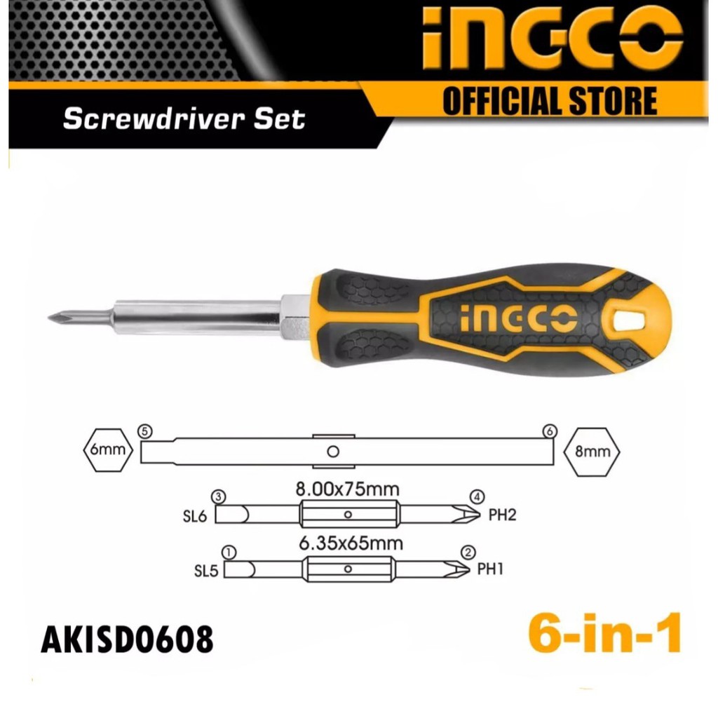 Ingco ไขควงสลับหัว 6 in 1 รุ่น AKISD0608 ( 6 in 1 Screwdriver Set ) / ไขควงสลับ / ไขควงหัวสลับ / ไขค