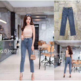 G.D.Jeans รุ่น 1335#กางเกงยีนส์แฟชั่นขายาวผ้ายืดทรงกระบอกเล็กสีฟอกเล่นสะกิดขาดเล็กน้อย