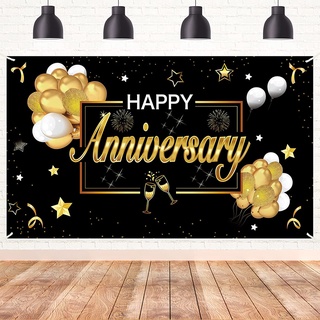 แบนเนอร์ไวนิล ลาย Happy Anniversary สีดํา ทอง ขนาด 210*150 ซม. สําหรับตกแต่งปาร์ตี้วันเกิด งานแต่งงาน