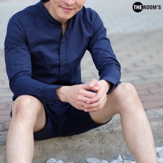 เดอะรูม THE ROOMS เสื้อเชิ้ตคอจีนแขนยาว ผ้าอ็อกฟอร์ด ทรงสลิม สีกรมท่า