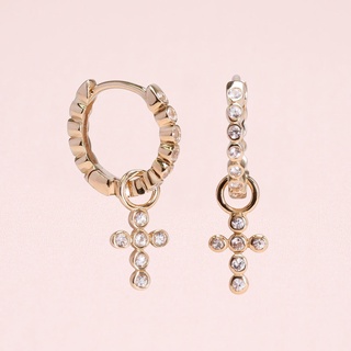 Grace Fine Jewelry ต่างหูห่วงทองแท้9K Cross charm  with White Sapphire