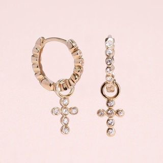 Grace Fine Jewelry ต่างหูห่วงทองแท้9K Cross charm  with White Sapphire