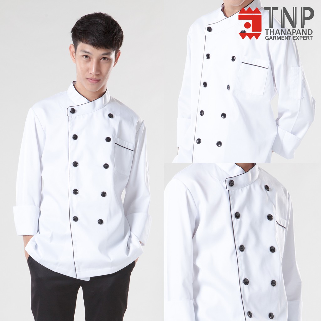 เสื้อกุ๊ก เสื้อเชฟ ชุดเชฟแขนยาว แต่งกุ๊นสี  รหัส : C134 (ฐานะภัณฑ์)
