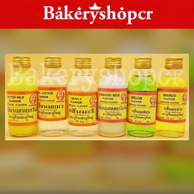 กลิ่น ภูรินและภูริญญ์ กลิ่นผสมอาหาร วัตถุแต่งกลิ่น ใบเตย ชาเขียว คาราเมล กล้วย วานิลลาบัตเตอร์ มะพร้าว ขนาด 58ml