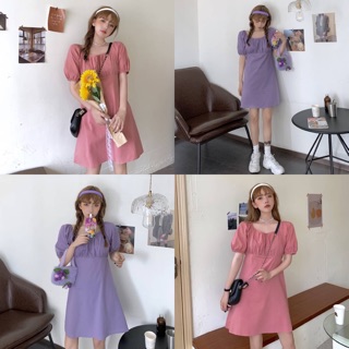 🌸 Miranda pink &amp; purple dress ชุดเดรสสั้น จั๊มปลายแขน แต่งจีบช่วงอก มี2สี ชมพู ม่วง เนื้อผ้าโพลีเอสเตอร์ผสม มีซับใน 🌈