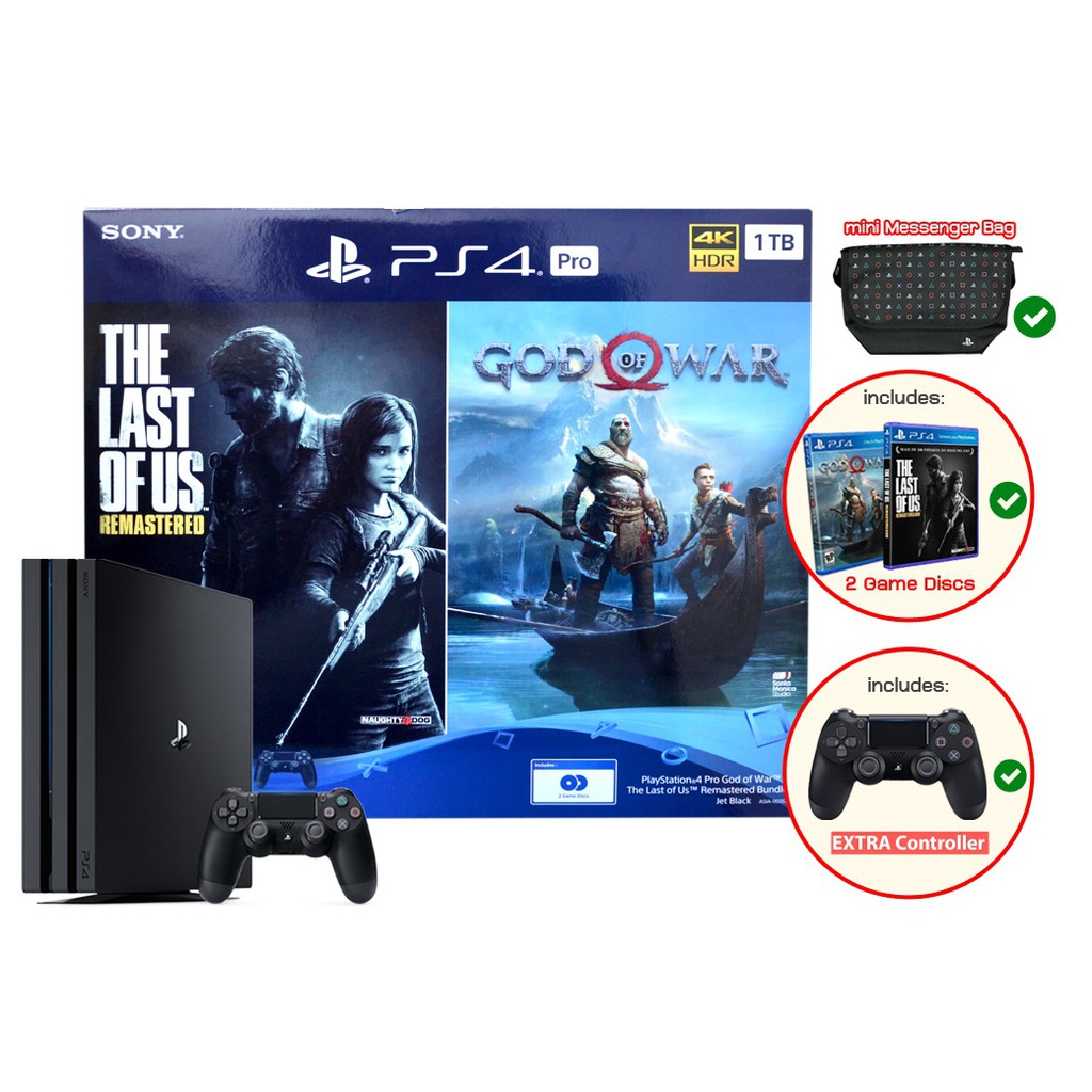 PS4Pro God of War / The Last of US Remaster Bundle (PS4 Pro + 2 เกม + 2 จอย + กระเป๋าสะพาย)