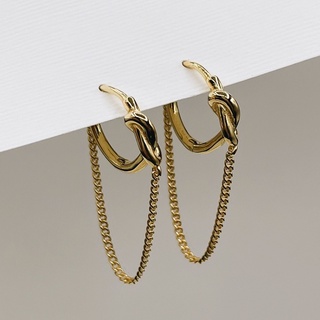 Knot And Chain Huggies, 18K Gold Plated Sterling Silver Earrings E0112 | เงินแท้ 925 ชุบทองเเท้ 18 กะรัต