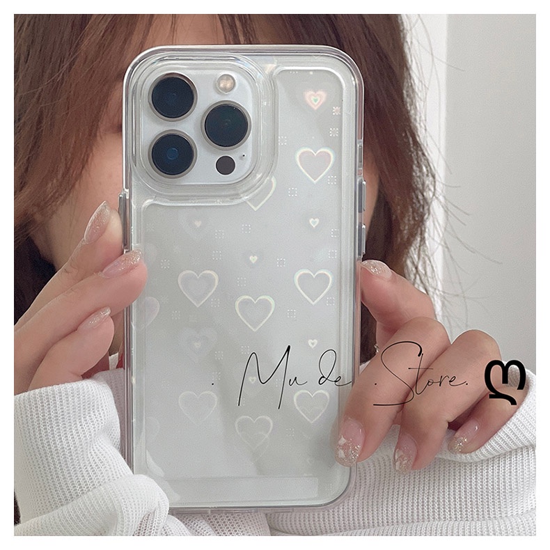 For iPhone 16 15 14 Pro Max เคสโทรศัพท์มือถือ PC แข็ง แบบใส ปิดด้านหลัง ลายหัวใจเลเซอร์ โฮโลแกรม หมี สีขาว ดํา พร้อมที่จับ สําหรับ iphone 13 12 11 Xs X XR 7P 8P 13 ProMax 12Promax 11promax Xs Max