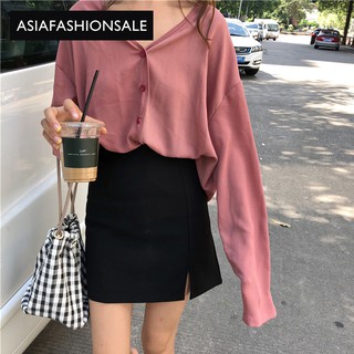 ASIAFASHIONSALE เกาหลีใหม่ชิคหลวมคอวีเสื้อเชิ้ตแขนยาวชีฟอง3สี