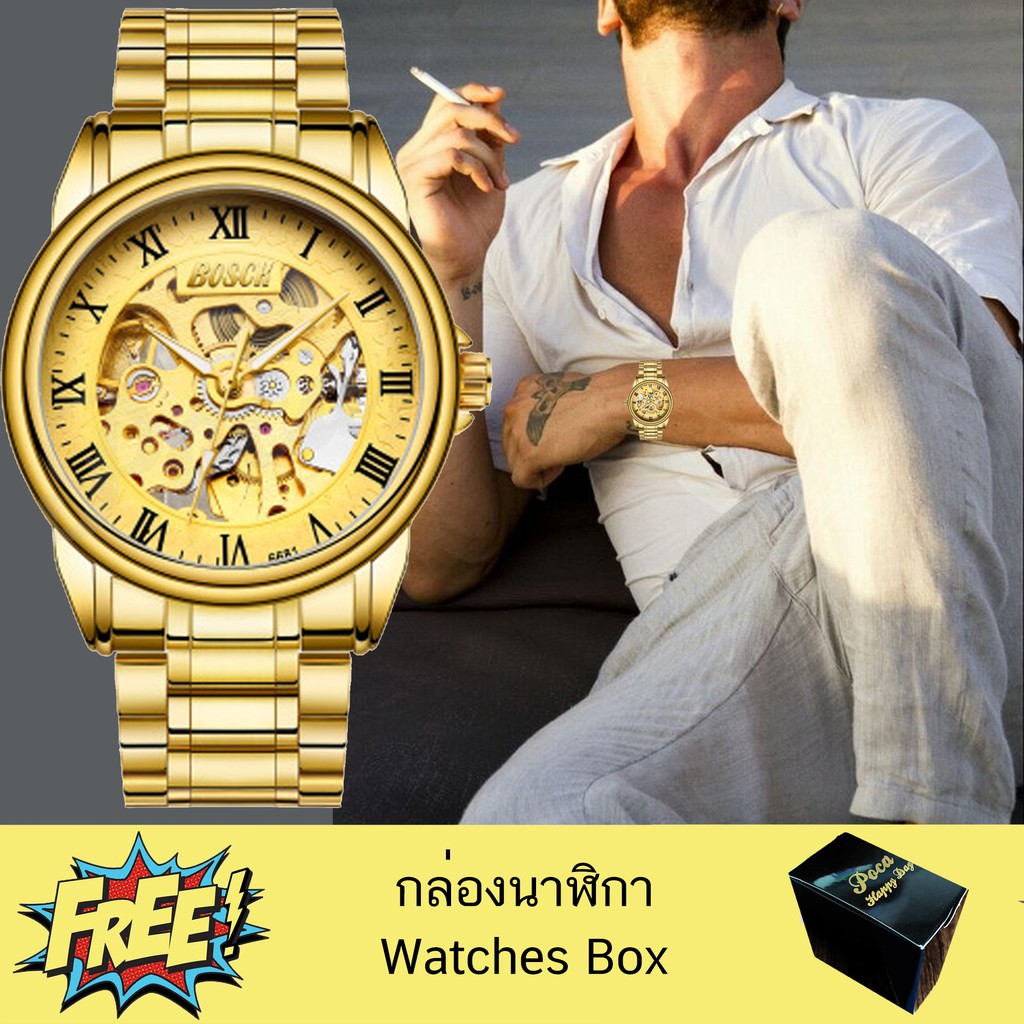 Bosck Man Auto ยี่ห้อ นาฬิกาข้อมือ เครื่องประดับ เรือนสีทอง ผู้ชายลดราคาถูก สายสแตนเลสทอง กันน้ำได้ 