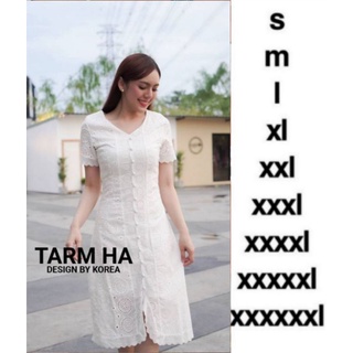 รับงานบุญ!!! S-6XL Dress เดรสขาวแขนสั้นผ้าฉลุลายแต่งกระดุมหน้า งานป้าย Tarm Ha