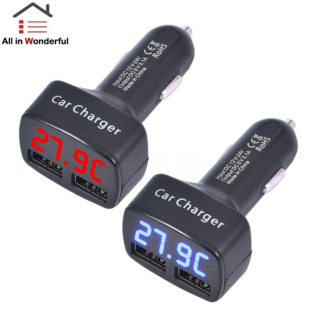 4 in 1 Dual USB Car Charger DC 5V 3.1A Universal with Voltage/temperature/Current Meter Tester Adapter Digital LED