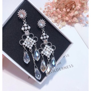 KR-132 ต่างหูเกาหลีก้านเงิน S925 อะไหล่เงินรมดำ Baroque earrings ระย้าห้อยยาวประดับด้วยเพชรสวิส CZ Diamond