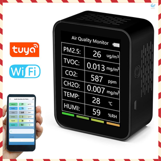 Hgt Tuya เครื่องตรวจจับคุณภาพอากาศ WiFi แบบพกพา 6 In 1 อเนกประสงค์ PM2.5 TVOC CO2 CH2O สําหรับบ้าน ออฟฟิศ