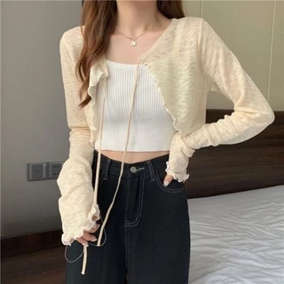 Elves✨พร้อมส่ง✨เสื้อคลุมไหมพรมซีทรู ดีเทลเชือกด้านหน้าปลายหยักดูดีมาก ~ Q605 ~ -C