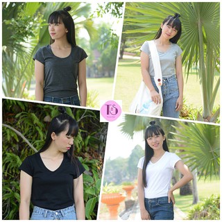 เสื้อยืดสีล้วน Cotton 100% เสื้อผ้าแฟชั่นผู้หญิง เสื้อคอ U คอ V เสื้อยืดแขนสั้น เสื้อแขนสั้น เสื้อยืดหลากสี