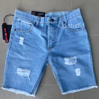 Men’s Shorts Lightblue Denim กางเกงยีนส์ขาสั้นฟอกซีด แต่งขาด ผ้ายืด ผ้าใส่สบาย